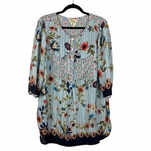 Fig & Flower Boho Floral Striped Blouse 1X Blue Partial Button Front Tunic